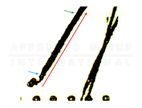 The above picture shows initial stroke of signature A on exhibit E4 showing steep straight upstroke.