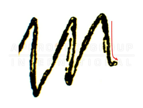 The above picture shows terminal stroke of signature A on exhibit E5 showing straight downstroke.
