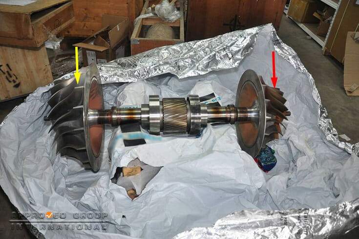 A rust formation was observed on the surface of the shaft at the interconnection between the FSC (yellow arrow) and the SSC (red arrow) impellers. The exact location of the rust was on the shaft located closest to the FSC impeller. Slight oxidation mark was observed on the surface of the shaft adjacent to the SSC impeller. The gear set located in between the FSC and the SSC remains intact without any oxidation or corrosion.