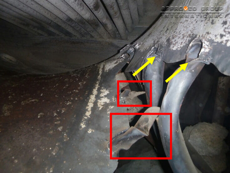 Figure 4: Closer examination of the ruptured section. Thinning of the water tubes mouth were observed (red boxes and yellow arrows).