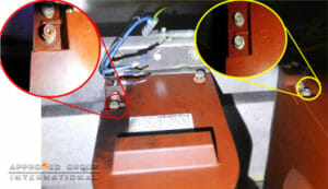 Figure 2: General view of the bolts and washers at the mounting points of the fixed isolation contact spout bushing within the cubicle compartment.