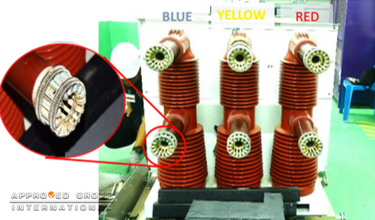 Figure 5: General view of the Outgoing VCB. The moving upper and lower tulip contacts of the VCB depicted signs of oxidation (red circle). From left, the poles are labelled as blue-, yellow and red-phase.