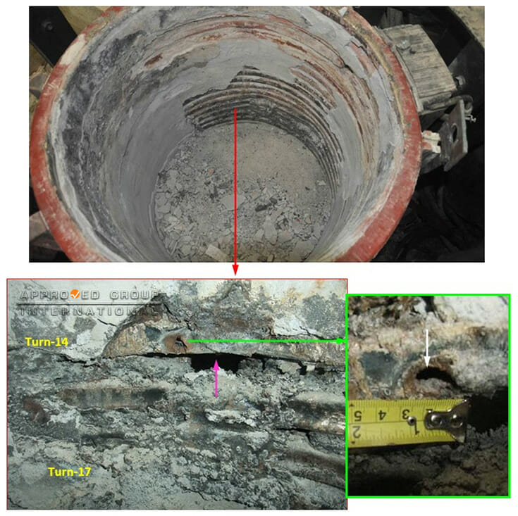 Photograph 2: Damage at the mid-lower section. The refractory layers between turns were damaged (magenta arrow). A punctured hole was found on turn-14 (white arrow).