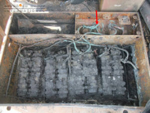 Fire affected batteries in the MDT’s batteries compartment.
