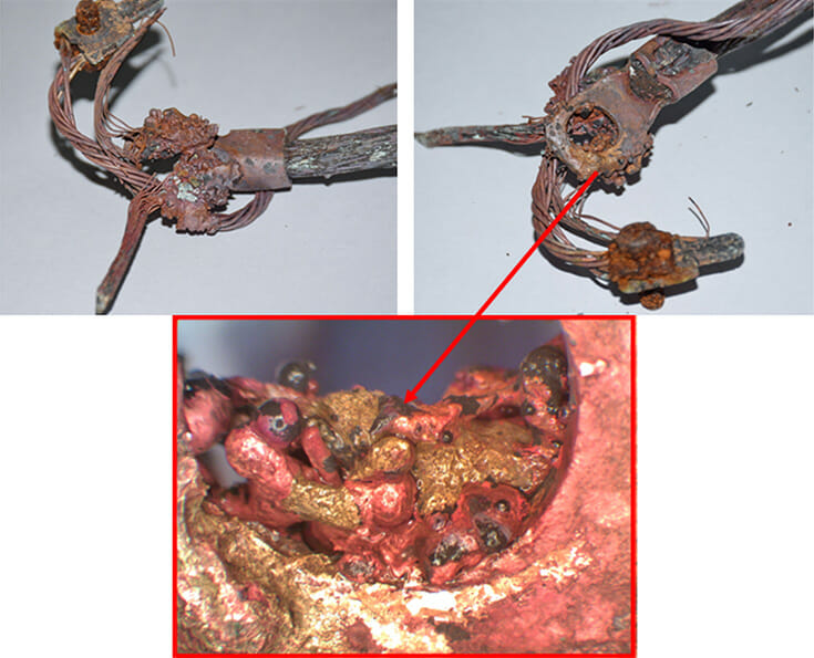 Photograph 4: Macroscopic views of the melted and fused copper connection lugs with conductors (left and right). Inset (red box and arrow) shows a microscopic view of the melted lump of copper.