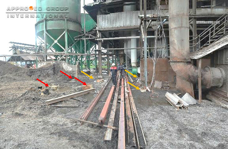 Figure 4: Three (3) of the six (6) base-plates were not affected by the incident (orange arrows). The other three (3) base-plates were currently being reconstructed with additional concrete and/or bolts (red arrows).